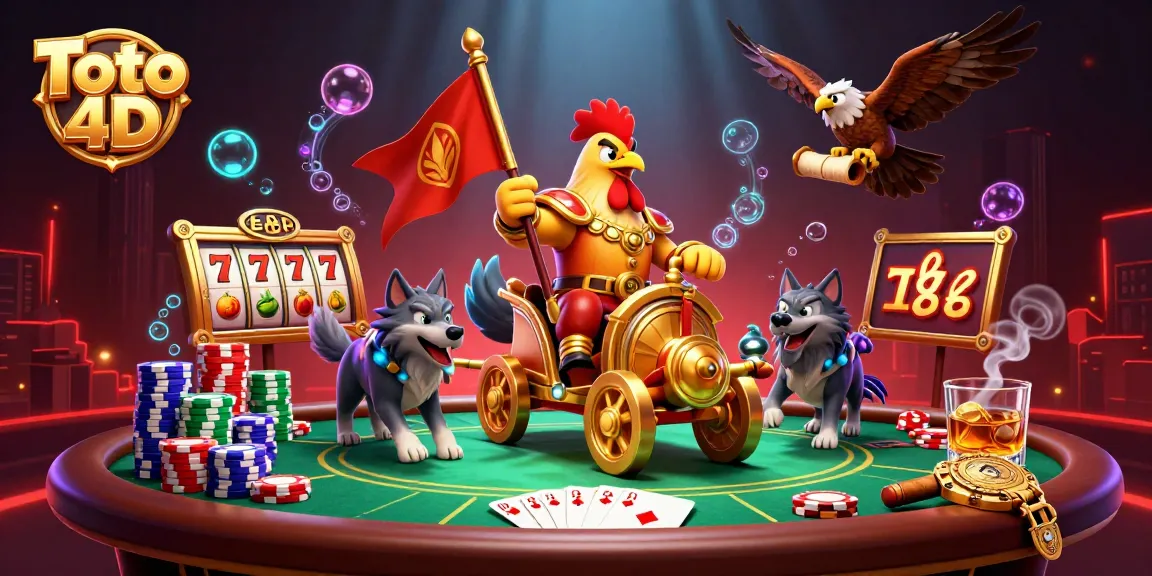 Engage in Toto 4D with a vibrant, animated casino scene showcasing dynamic slot reels, poker elements, and thrilling action.