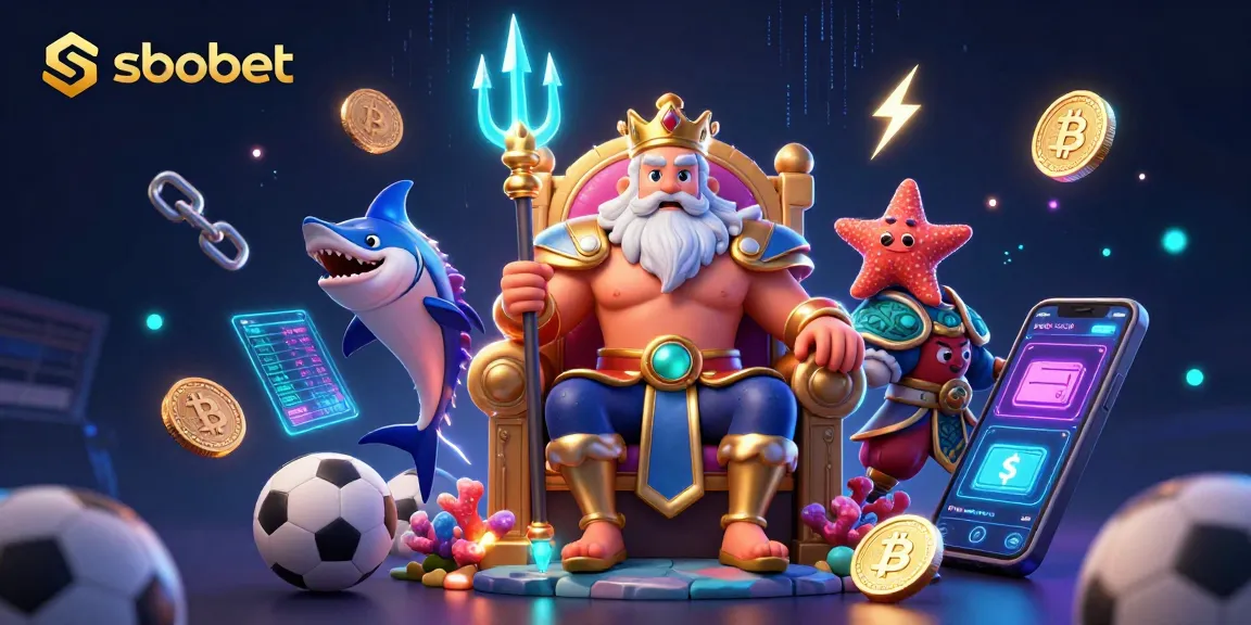 Bet on sbobet with an engaging 3D illustration featuring Neptune, sports elements, coins, and vibrant energy.