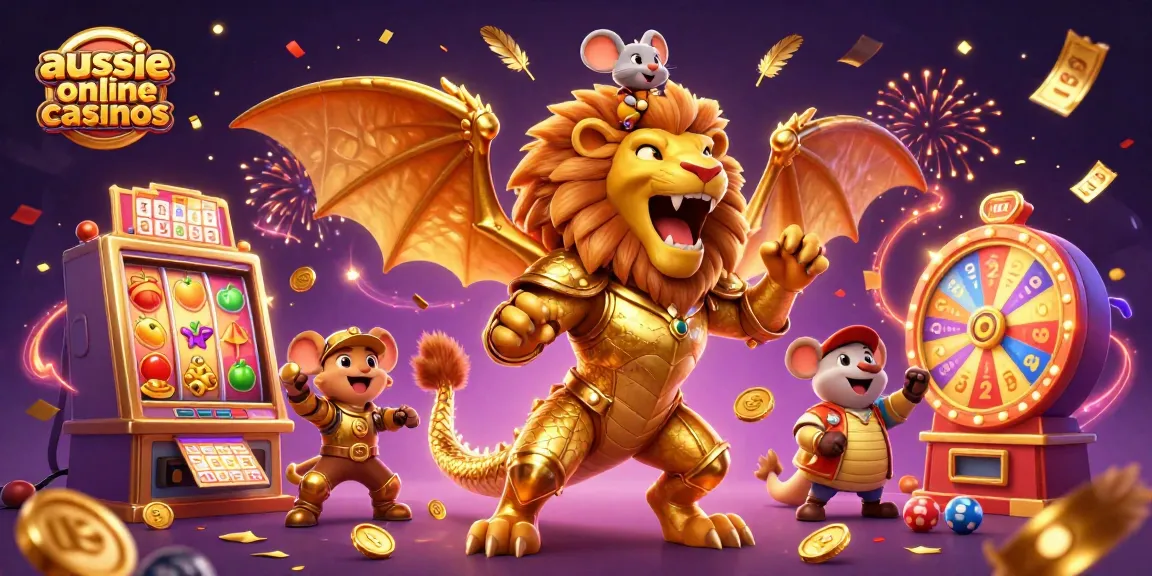Aussie online casinos feature exciting slot machines and golden elements in a vibrant 3D celebration scene.
