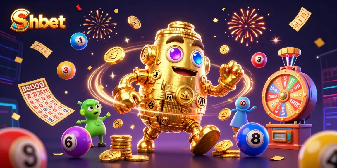 Shbet engages players with vibrant scenes of dynamic lottery balls and a golden golem at the heart of the action.