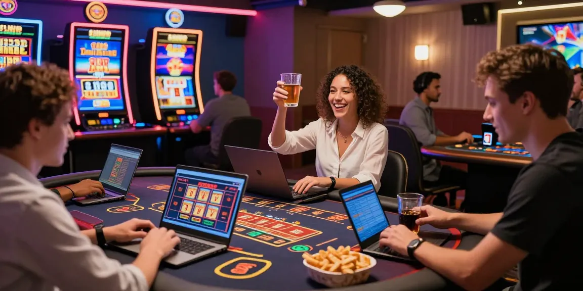 Exciting scene of players at credit card casinos enjoying games on laptops and mobiles in a vibrant atmosphere.