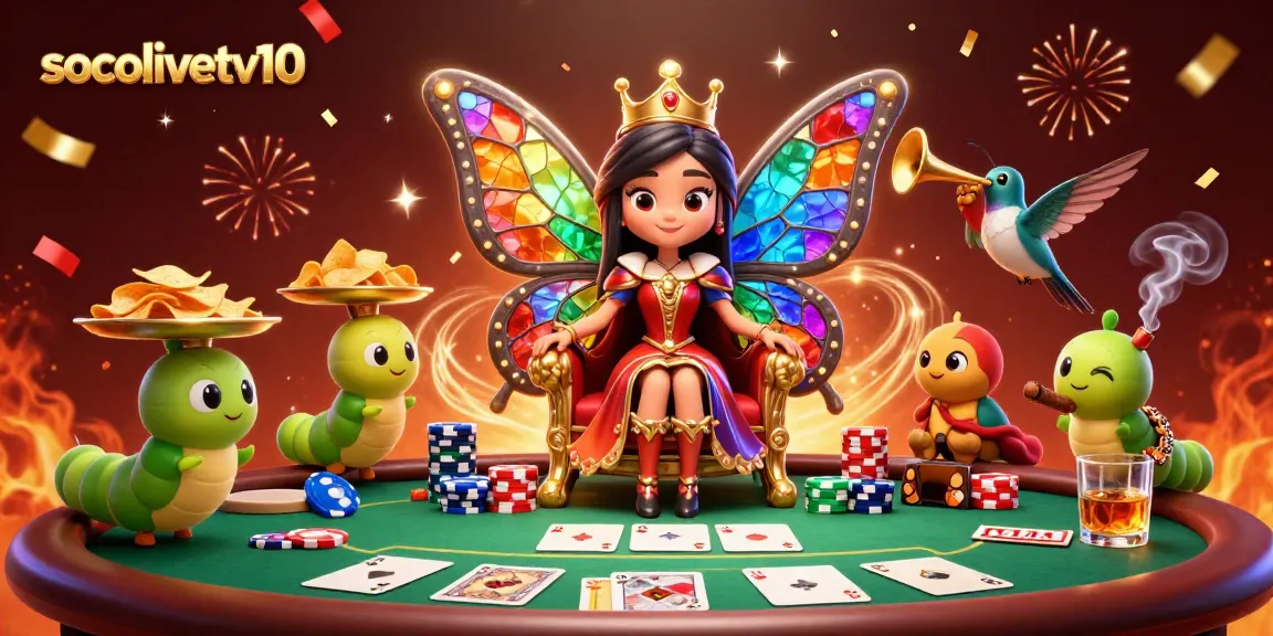 Socolivetv10 showcases a captivating butterfly queen playing poker, surrounded by vibrant chips and festive elements.