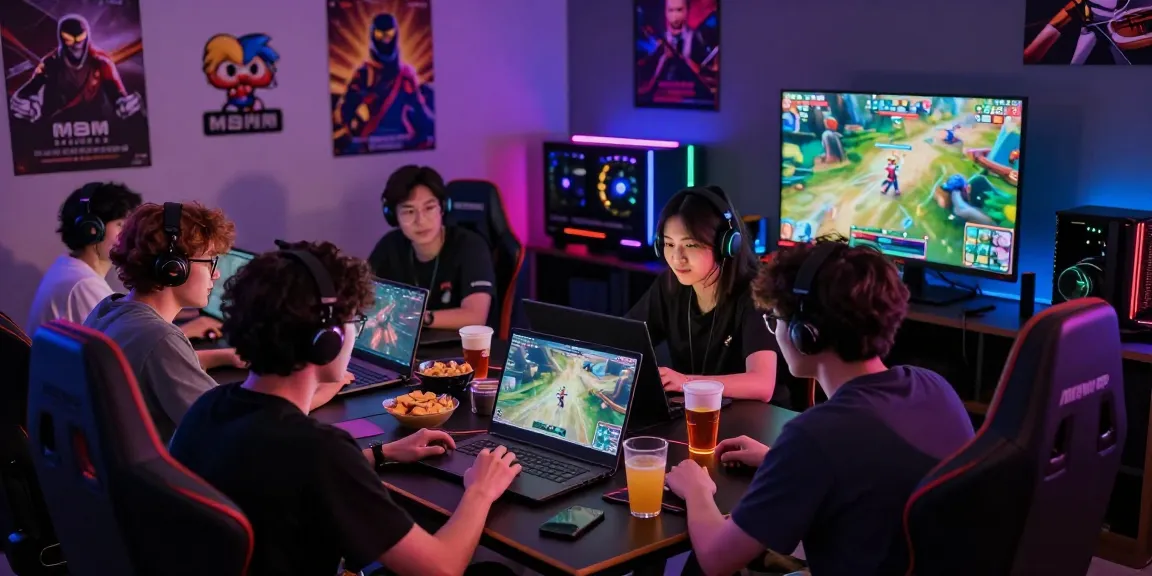 Engaging online gaming scene showcasing friends enjoying MBM娛樂 on a laptop with vibrant visuals and snacks.