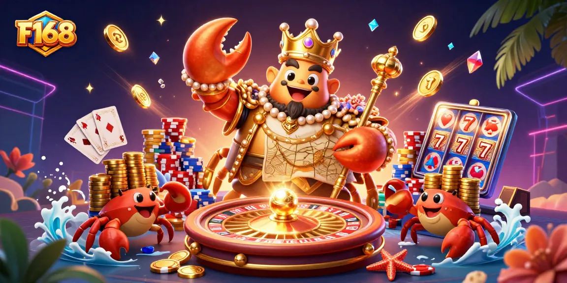 Win big with F168's cartoon crab emperor in this vibrant 3D casino scene.