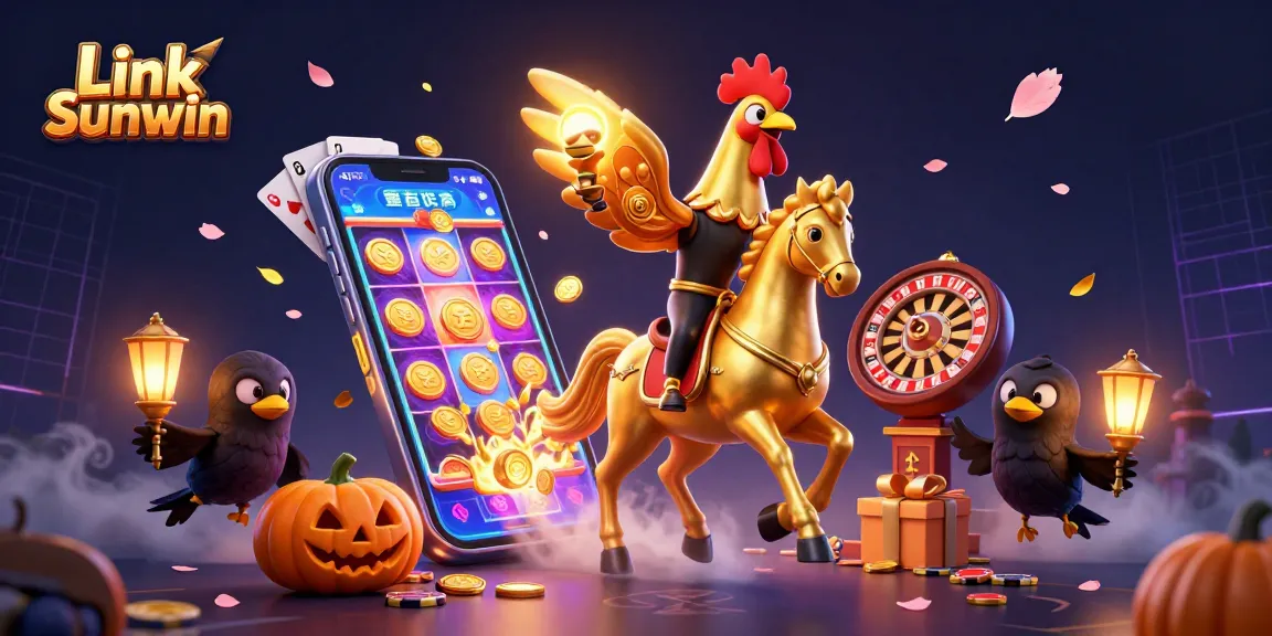 Spin to win big with Link Sunwin in a vibrant casino, featuring golden rooster and energetic game elements.