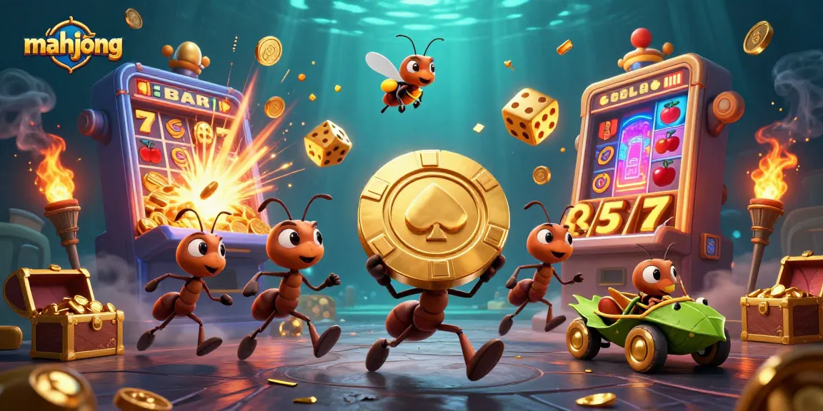 Play mahjong in an exciting casino heist scene with animated ants and glittering treasures.