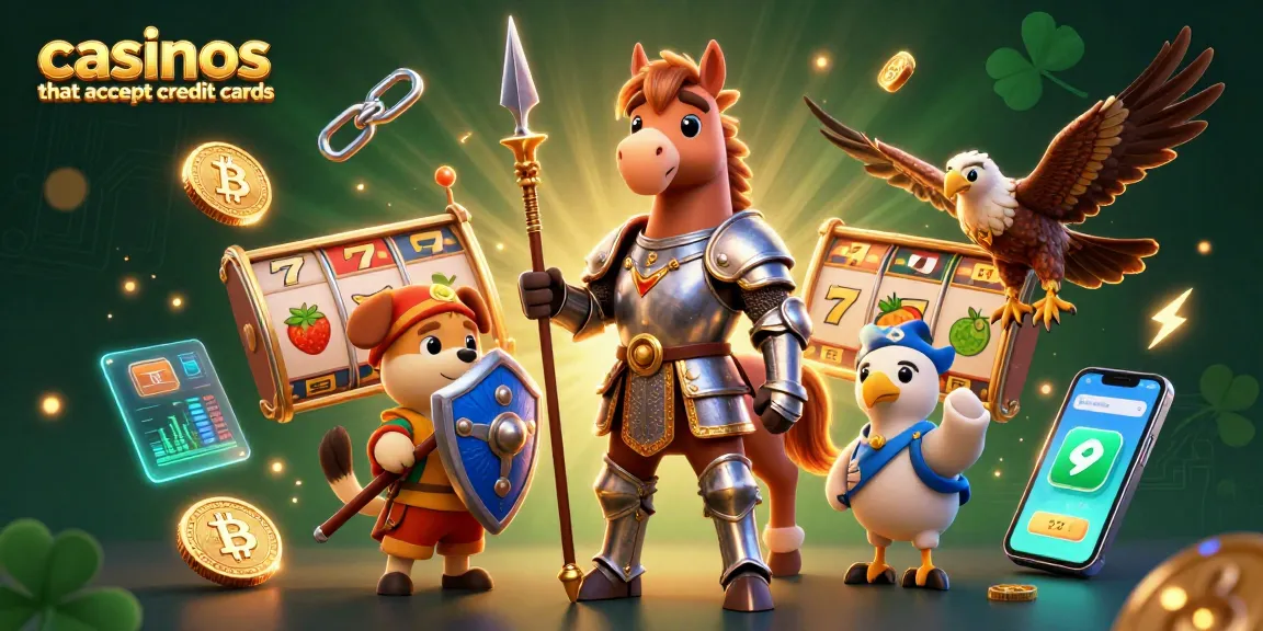Engaging scene of casinos that accept credit cards showcasing slot reels, a knight, and playful characters.