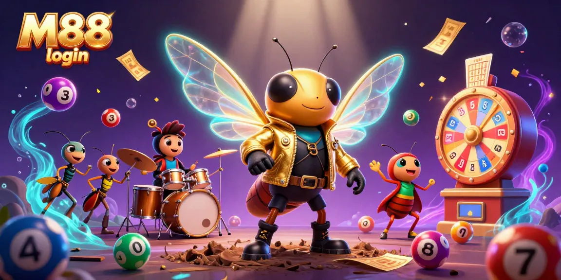 Experience M88 login with a vibrant scene featuring a rock star cicada and dynamic casino elements.