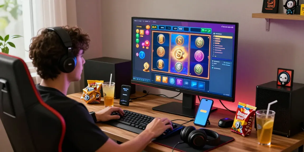 Engaging home gaming setup for slot deposit pulsa enthusiasts with vibrant screens and personal touches.
