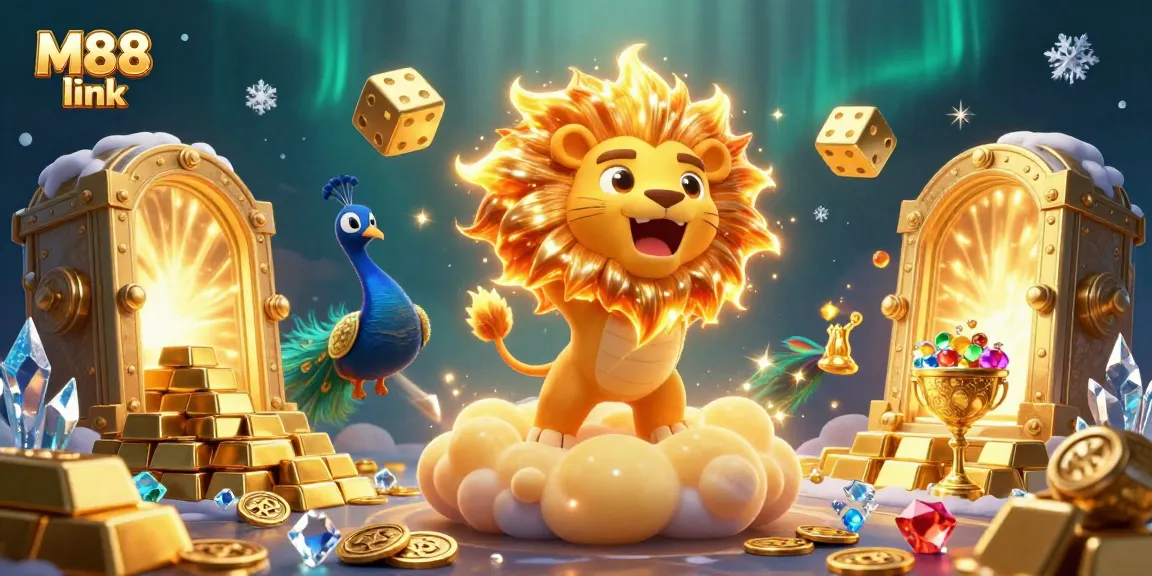 Bet on your luck with M88 link in a vibrant 3D illustration of casino riches and winning symbols.