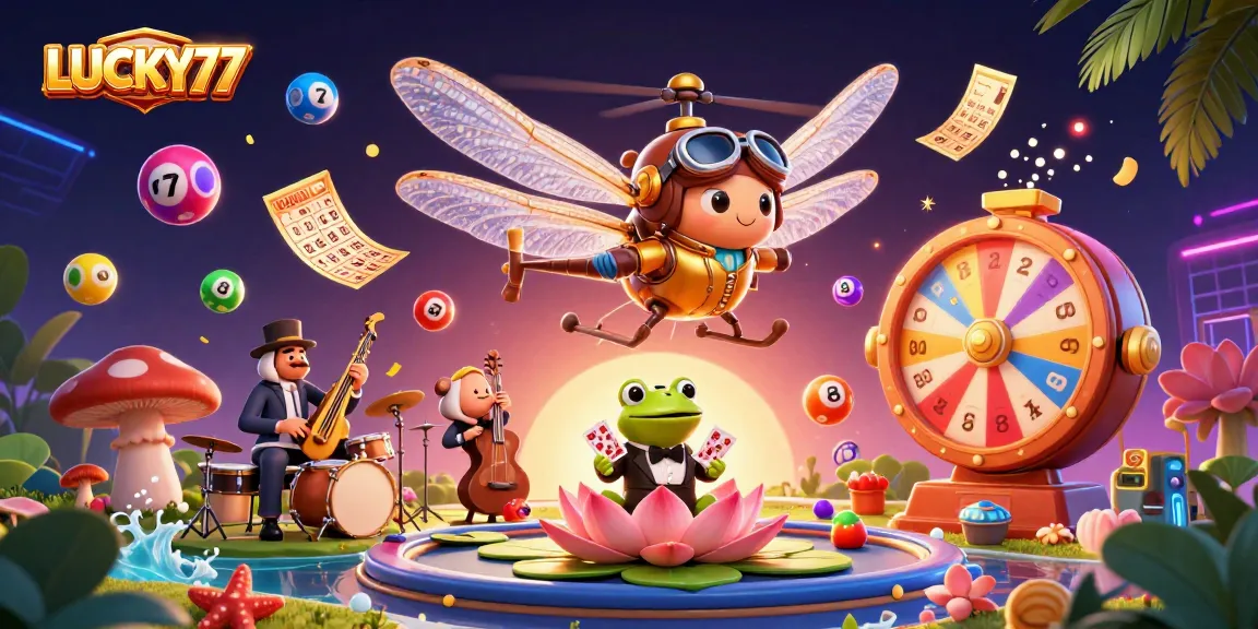 Experience the thrilling action of LUCKY77 with a vibrant 3D casino scene featuring a dragonfly pilot and a frog croupier.