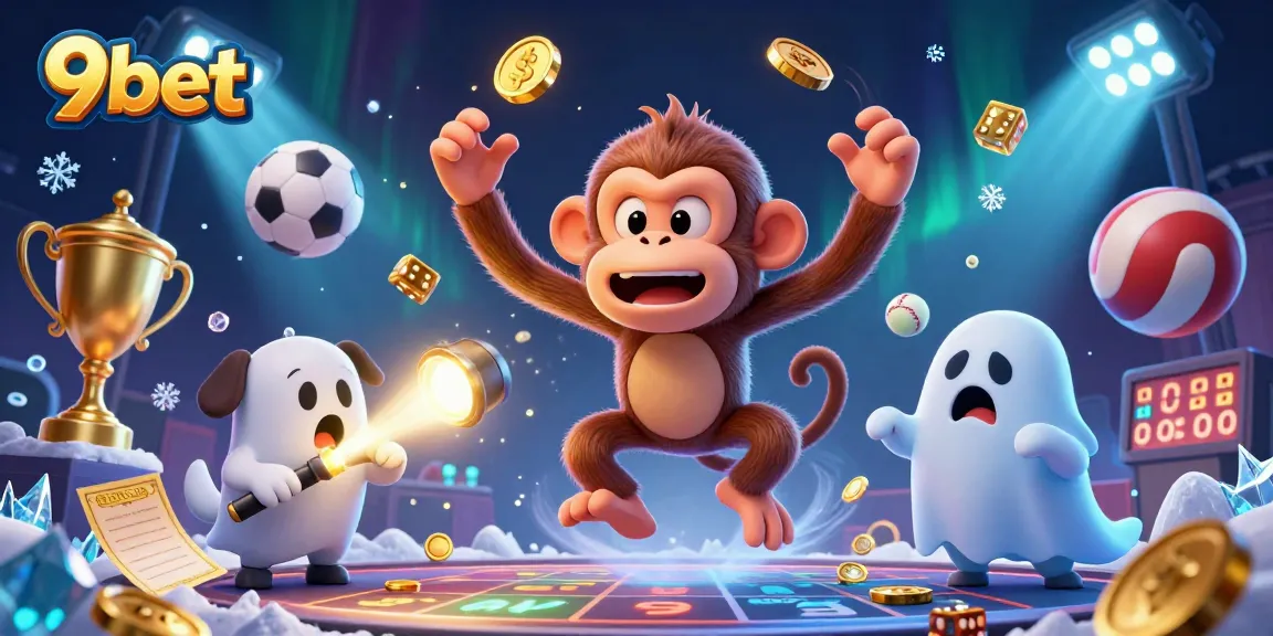 Engage in thrilling gaming with 9bet's lively poltergeist monkey and ghost-hunter puppy illustration.