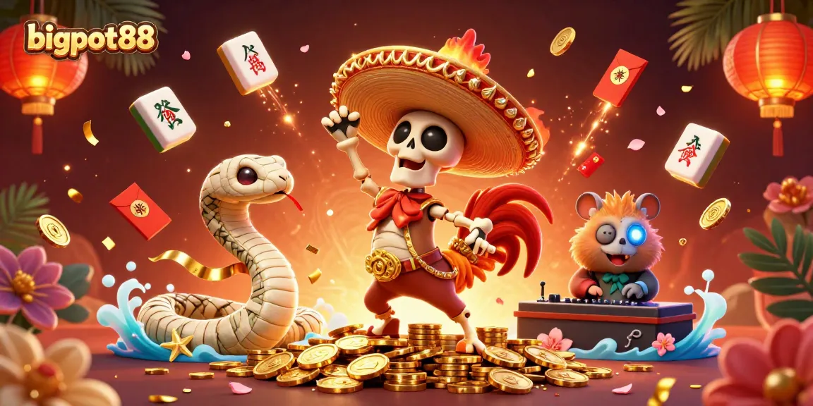 Experience bigpot88 gaming with lively characters dancing and celebrating atop coins, showcasing a vibrant casino atmosphere.