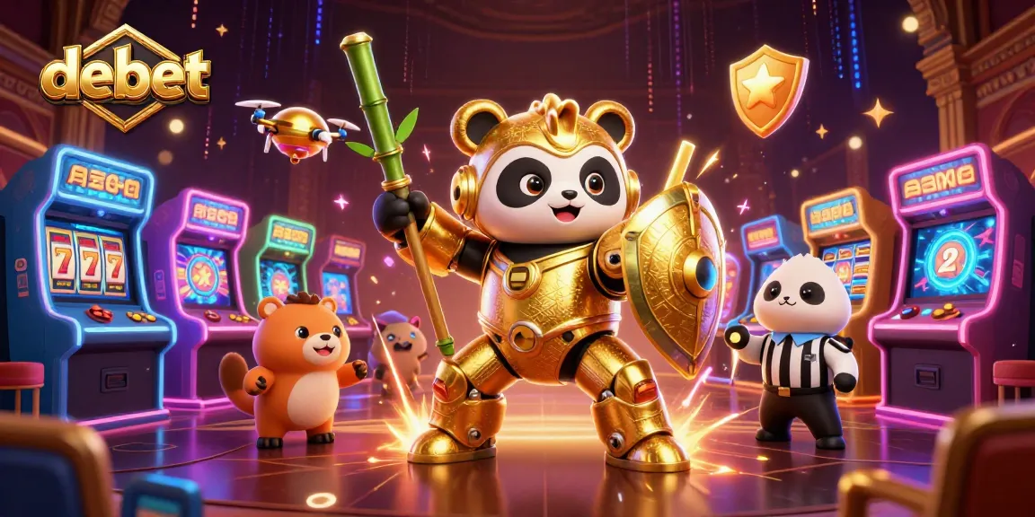 Engage in thrilling debet gaming with a mech-suit panda pilot in a vibrant casino arena.