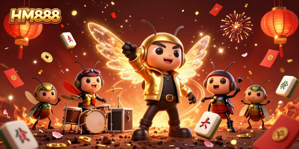 Engage with HM888, where the cartoon cicada rock star captivates amidst vibrant casino elements and fireworks.