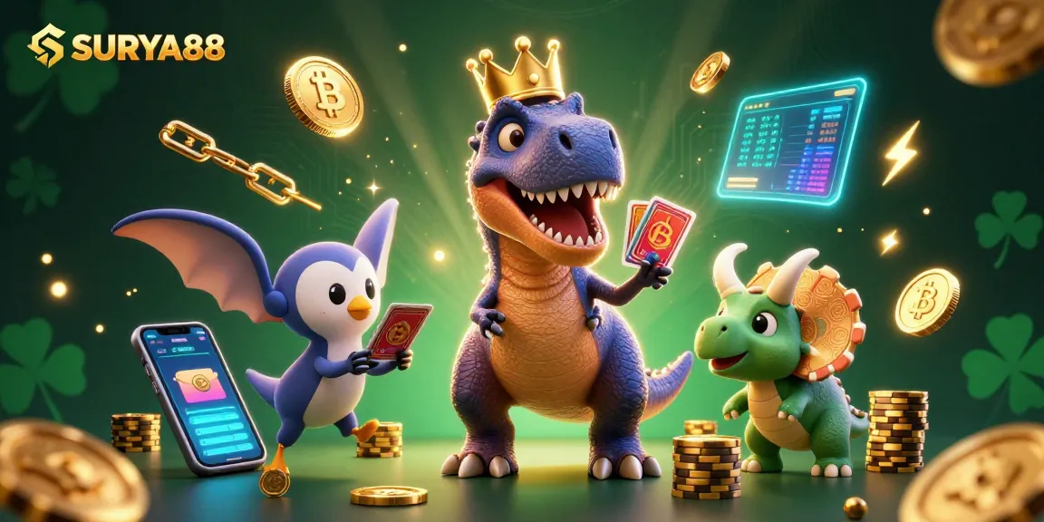 SURYA88's vibrant 3D casino scene features a T-Rex shuffling cards, a pterodactyl assisting, and a triceratops stacking chips.