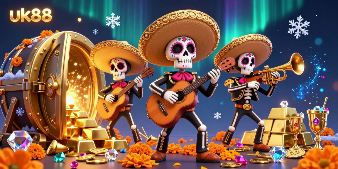 Engage with the thrill of uk88 as mariachi skeletons celebrate around golden treasures in a vibrant casino scene.