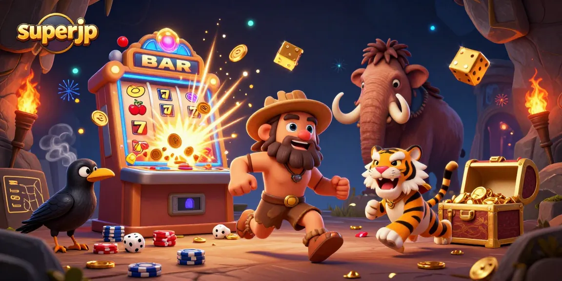 Experience superjp's vibrant casino scene with a caveman, sabertooth tiger, and a crow for immersive fun.