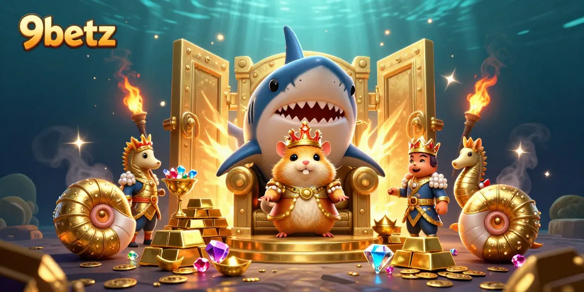 Experience 9betz excitement with thrilling golden treasures and a fierce hamster king illustration.