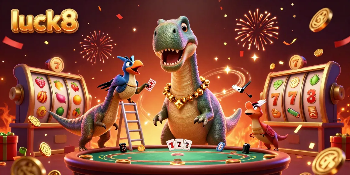 Join luck8 at an exciting casino scene featuring a cartoon brontosaurus and dynamic slot machine elements.